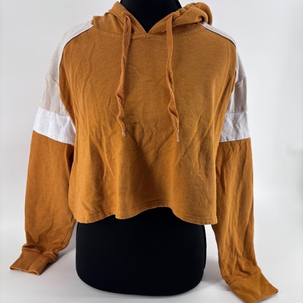 Aeropostale Womens‎ Small Cropped Hoodie camel Brown Colorblock Y2K Streetwear